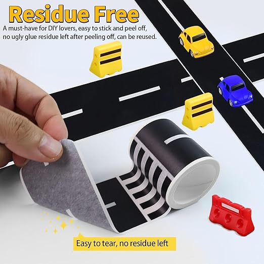 3 Rolls Roadway Tape, Race Cars Decorations for Kids Birthday Party, Race Track Tape Easy to Stick and Tear Without Leaving Any Traces, 2 Inch Wide 49 FT Long 2 Types of Road Tape