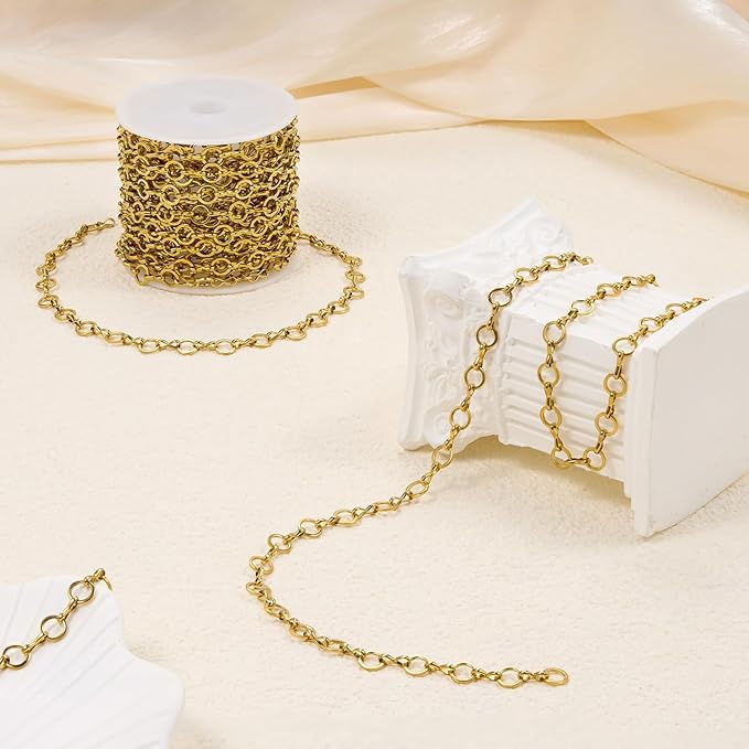 5 Meters Gold Plated Chains for Jewelry Making Stainless Steel Circle Chain Roll with Jump Rings and Lobster Clasps