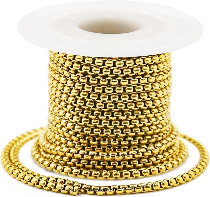 Gold 2.5mm Rolo Box Chain Necklace for Jewelry Making - 10ft Stainless Steel Bracelet Chain for Men Women