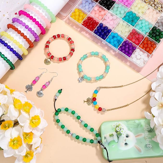 753 Pieces Glass Beads Bracelet Making Kit, Shynek 24 Color Glass Beads for Jewelry Making with Spacer Beads, Bail Tube Beads, Charms and Elastic String for Bracelets