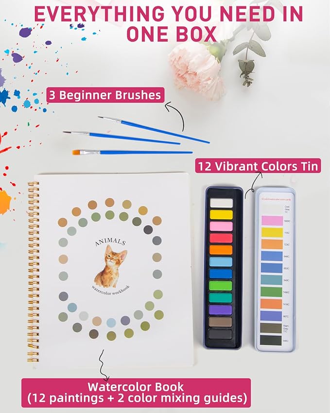 Dancart 10.2" x 8.2" Watercolor Books with Outlines, Beginner Watercolor Painting Set With 12 Colors Tin Box & 3 Brushes, Multi-Theme Watercolor Painting Kit for Beginners, Teens & Adults