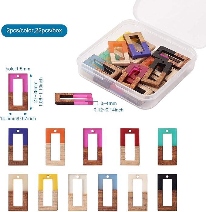 Beadthoven 22pcs/11 Pairs Natural Wood Resin Charms Hollow Rectangle DIY Earrings Pendants Mixed Colors Rectangle Frame Wooden Pieces Pendants for Statement Jewelry Making Findings