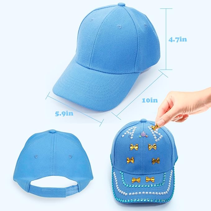 Christmas Gifts for Girls Decorate Your Own Baseball Cap with 10 Sheets Gem Stickers, DIY Arts and Crafts Kit for Kids 4 5 6 7 8 9 10 11 12 Years Old, Girls Handheld Mirror Jewelry Case (Blue)