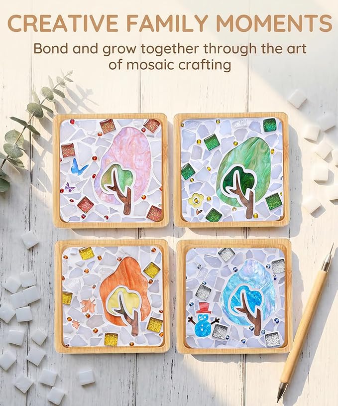 4 Sets DIY Mosaic Kits for Adults with Wooden Coasters, Mixed Color Glass Mosaic Tiles Craft Kits for Adults Women, Complete Mosaic Coaster Making Kit for Home Decor Gifts (4, Sweet Style)