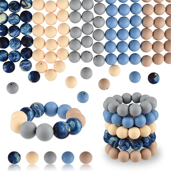 ASTARON 100 Pcs 15mm Silicone Beads for Keychain Making, Blue Grey Beads Bulk Round Beads for Bracelets Crafts Beadable Pens Decorations Jewelry Making Supplies