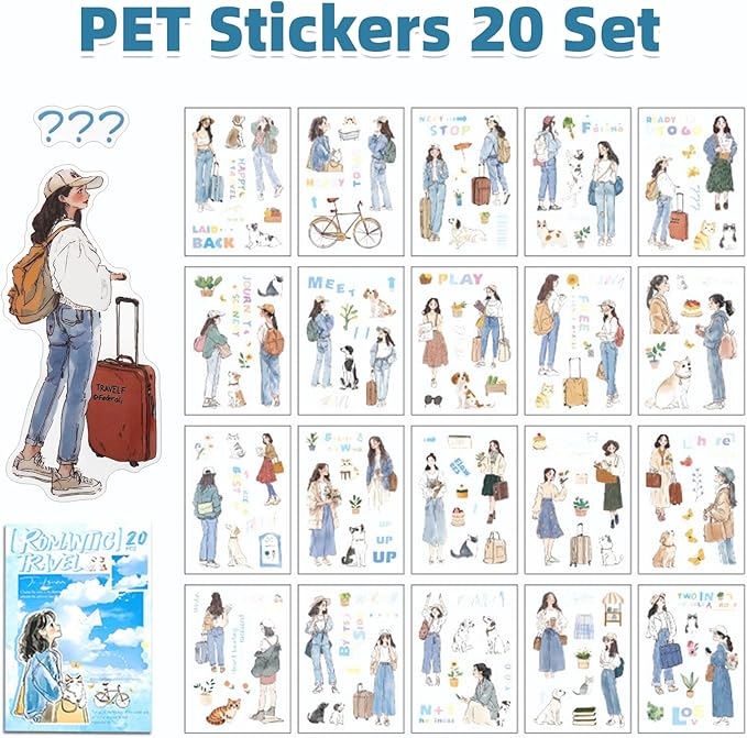 Romantic Getaway Sticker Scrapbooking Supplies for Junk Journal, 20 Sheets PET Stickers - Vintage Journaling Stickers, Ephemera Sticker Book Pre Cut(TZ-009-005)