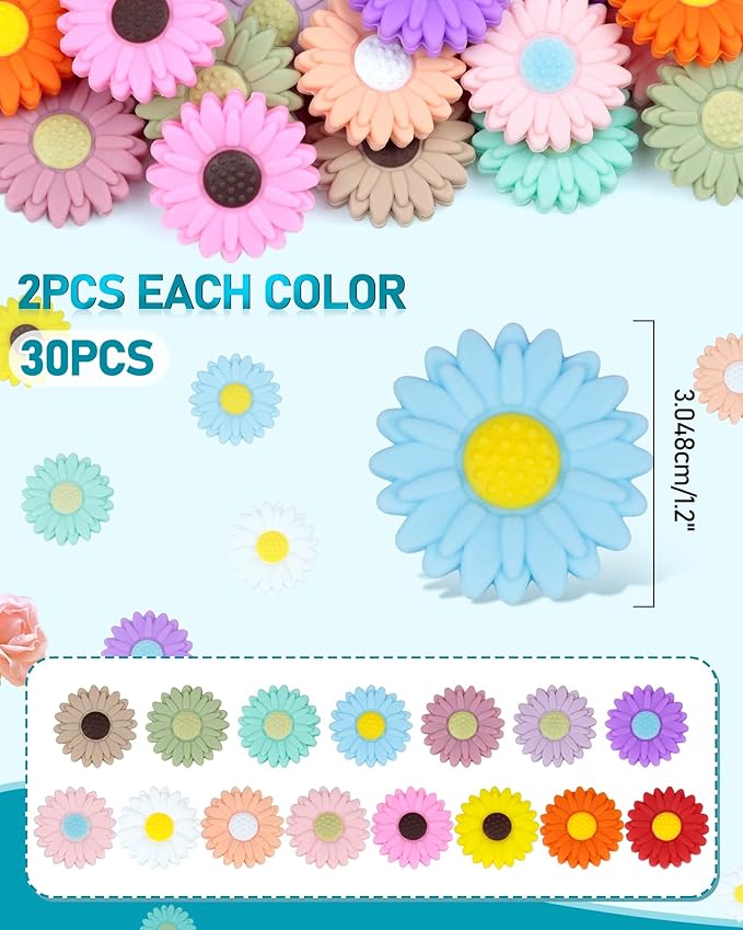 30PCS FIVEIZERO Focal Beads – Sunflowers Beads,Sunflowers Focal Bead Bulk, Flower Shape Silicone Loose Beads for Pens, Necklaces，Bracelets and Keychain Making