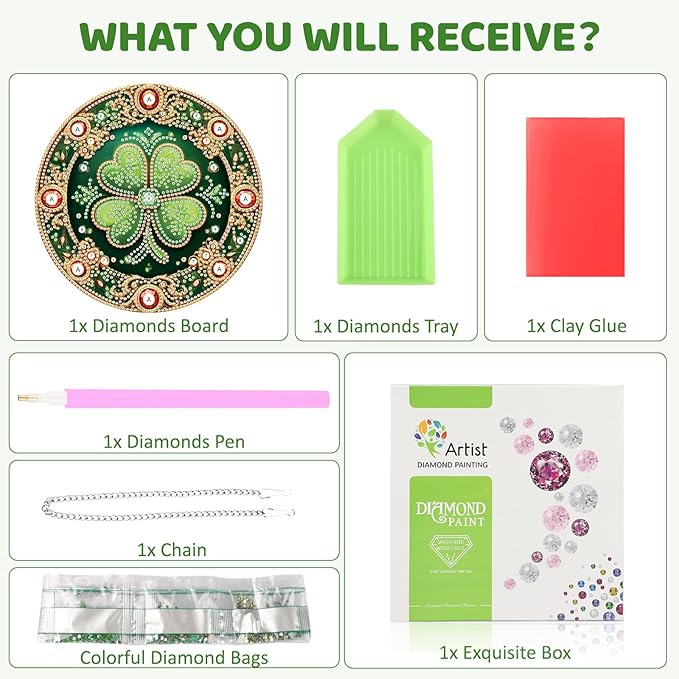 MEIYUDA St. Patrick's Day Hanging Diamond Art Kits for Adult, Lucky Four-Leaf Clover Diamond Painting Kit Ornaments, DIY Special Shaped Rhinestone Window Pendant Kit for Home Garden Wall Decor Gift