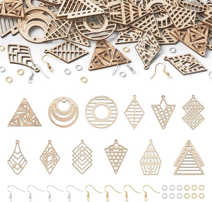 48pcs Wooden Earring Charms Unfinished Natural Wood Filigree Pendants in Round & Triangle & Rhombus & Kite & Tree Shape with Earring Hooks & Jump Rings for Boho Earring DIY Jewelry Making