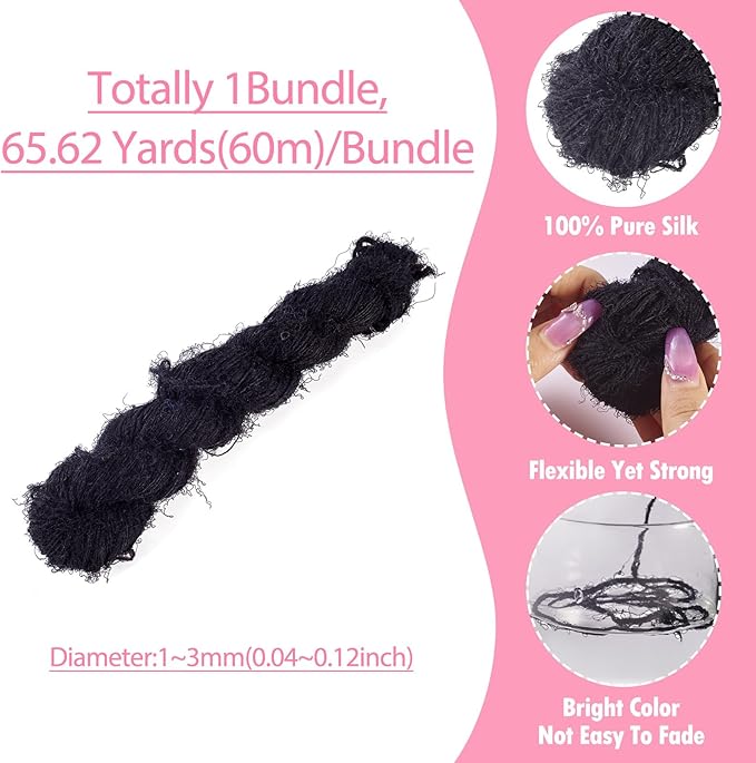 65.62 Yards Sari Silk Ribbon Yarn, Black Sari Ribbon Yarn Tassels Skeins Vintage Fabrics Crafts for Knitting Crocheting Macrame Tassels Scrapbook Craft Project Decor