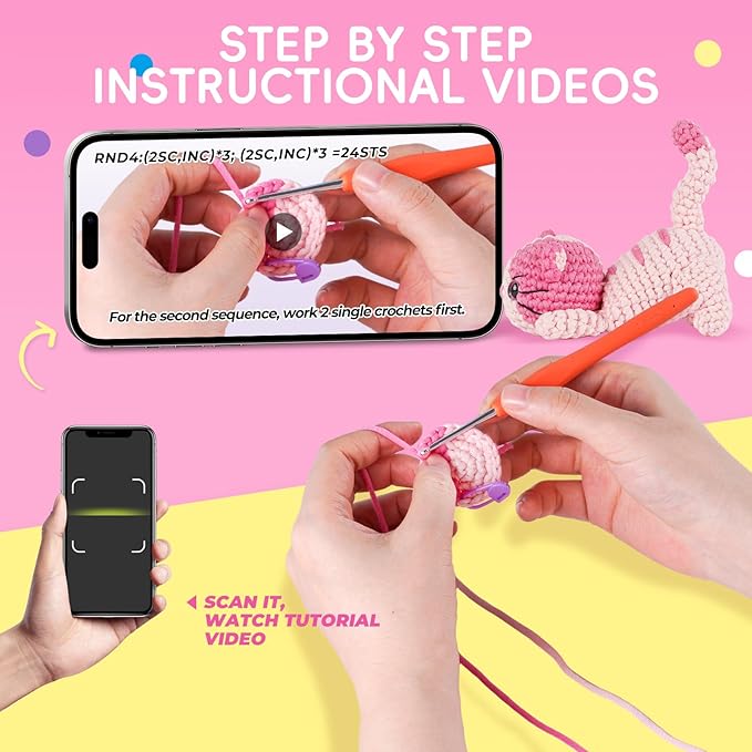 LUDOTEK Crochet Kit for Beginners, Crochet Animal Kits,Crocheting Kit for Starters with Step-by-Step Video Tutorials, Beginner Crochet Kits for Adults(3 Pack cat)