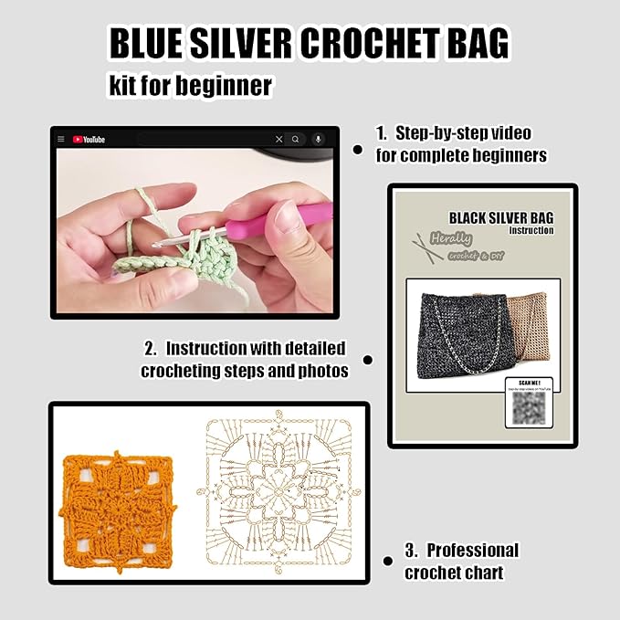 Herally Crochet Kit DIY for Beginners - Include Yarn, Hook and Accessory - with Step by Step Video Tutorials - Shining Tote Bag (Navy Blue)