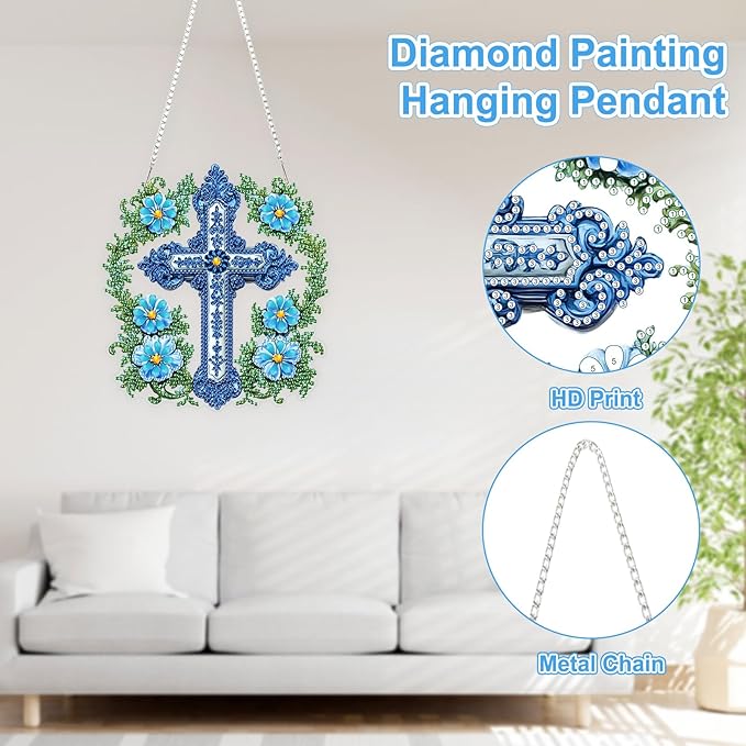 TOSTOG Cross Diamond Art Hanging Kits for Adults, Cross and Flowers Diamond Painting for Adults Window Pendant, Special Shape Diamonds Diamond Painting Hanging Pendant Kit for Wall Home Decor Gift