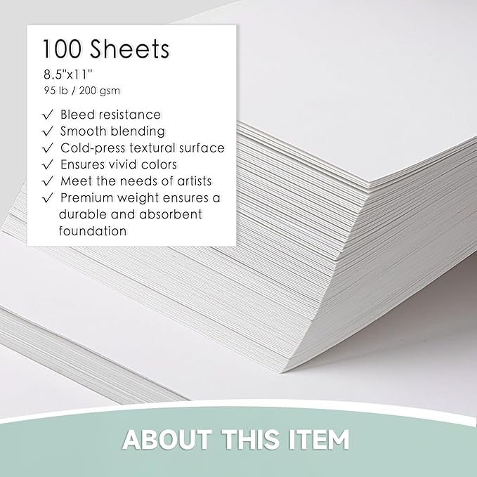 VEOOK Watercolor Paper Bulk, 8.5"x11" Water Color Paper, 100 Sheets 95lb/200gsm Artist Painting Drawing Paper for Adults, Paint, Sketchbook, Journal, Art Supplies(WC-04)