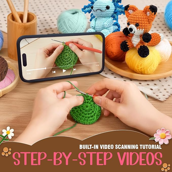 OurWarm 6PCS Crochet Kit for Beginners, Crochet Animal Kits, DIY Craft for Adults and Kids, Attached Step-by-Step Video Tutorial, Great Choice for Manual Lovers Birthday and Holiday Gifts