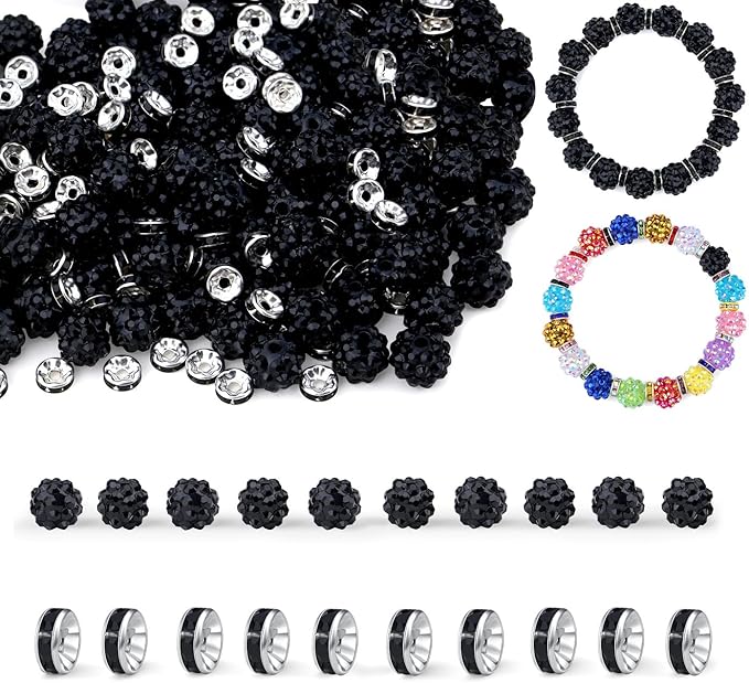 LAIDANLA 250pcs 12mm Black Rhinestone Beads and 8mm Rondelle Spacer Beads for Beadable Pens, Sparkly Shamballa Disco Ball Bead for Bracelets Necklaces Earring DIY Craft