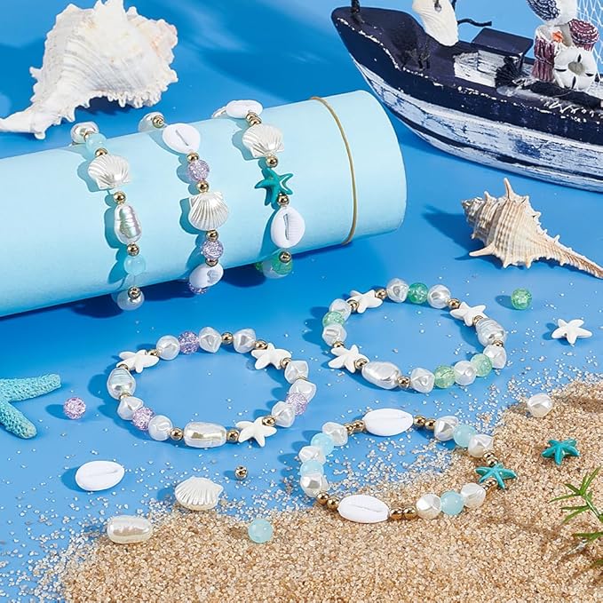 SUNNYCLUE 1 Box 6 Sets Summer Bracelet Making Kit Imitation Pearl Beads Sea Animal Starfish Beads Lucky Turquoise Hawaii Ocean Shell Spacers for Jewelry Making Kits Women Adults Supplies