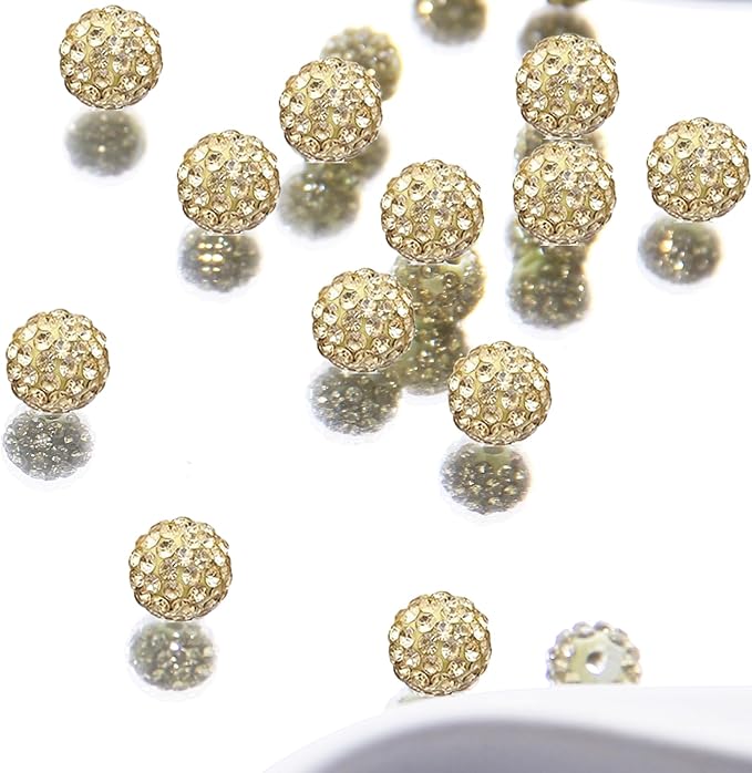 200 Pcs 10mm Rhinestone Beads for Jewelry Making, Light Yellow Shiny Round Shamballa Disco Baseball Necklace Beads Sparkle Crystal Clay Pave Rhinestones Bead for DIY Bracelet Earring Making Supplies