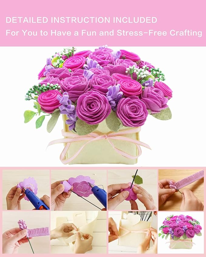BAZIMA DIY Felt Flower Art Craft Kit - Felt Rose and Lavender Kit, Floral Gifts - Arrange Pre-Cut Flowers and Foliage