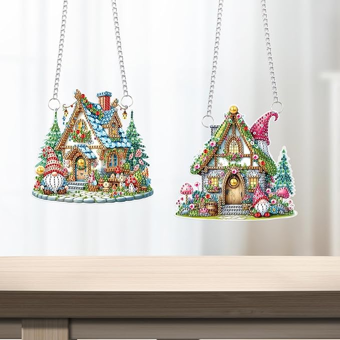 2 Pack Diamond Painting Hanging Ornaments – Fairy Cottage & Gnome House DIY Acrylic Craft Kit with Chains, Whimsical Holiday Home Decor for Adults