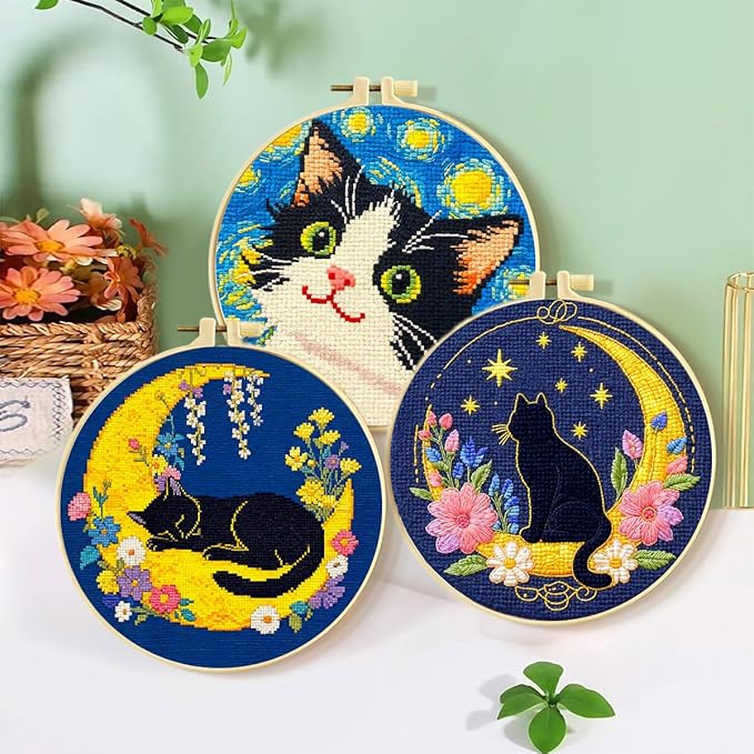 Zhenqing Night Sky Cats Cross Stitch Kit - 3-Piece Set with Pre-Printed 11CT 24x24cm Fabric, Hoop & Tools, Starry Night Theme for Beginners (70413)