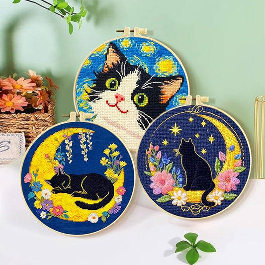 Zhenqing Night Sky Cats Cross Stitch Kit - 3-Piece Set with Pre-Printed 11CT 24x24cm Fabric, Hoop & Tools, Starry Night Theme for Beginners (70413)