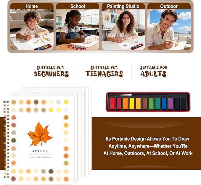 Watercolor Workbook for Adults, Beginner Friendly Watercolor Painting Kit Autumn Water Coloring Book, Nature-Themed Practice Art Gift Water Color Paint Book with Palette and Brush