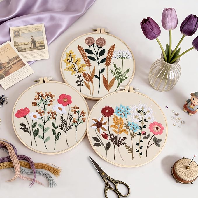 3 Sets Embroidery Kit, Cross Stitch Kits for Beginners, Needlepoint Kits for Adults with Floral Patterns, Hoop, Needles, Threads and Tools, Colorful Threads, Easy to Learn Step-by-Step Guide & Video