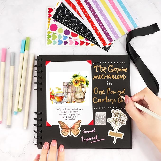 8 x 8 Inch Small Black Scrapbook Album, 40 Pages Photo Album with Black Pages, Kraft Paper Hardcover Memory Book with DIY Accessories Kit for Mother's Day Wedding Travel