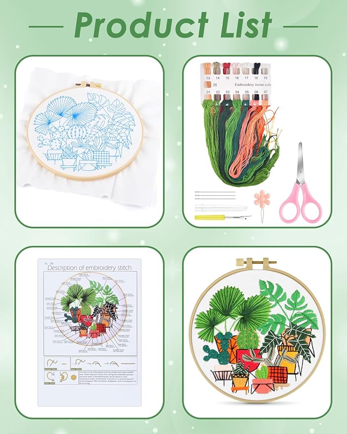 ERKOON Embroidery Kit for Beginners, Flower Cross Stitch Set for Include Embroidery Cloth Hoops Threads for Craft Lover Hand Stitch with Embroidery Skill Techniques (Greenery)