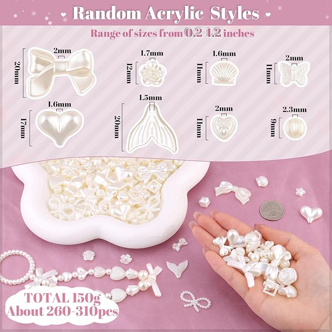 270-320pcs tinkrstuff assorted acrylic beads, mix abs imitation pearl cute beads for bracelet making, bow aesthetic flower butterfly kawaii charms for jewelry making diy necklace keychain phone charm