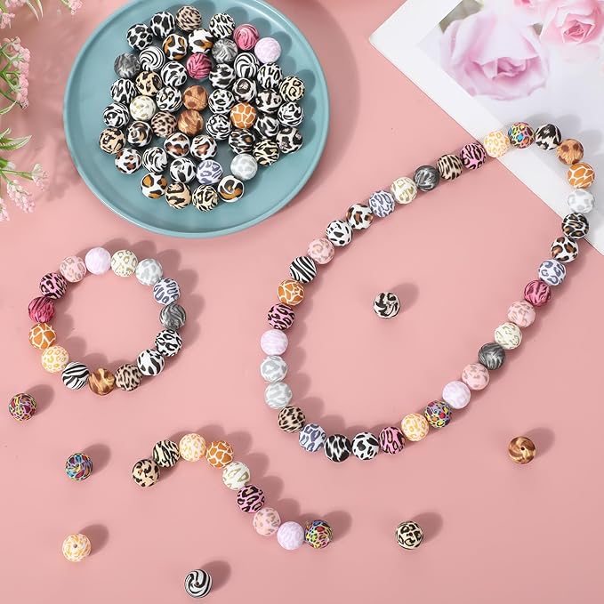 Ferreve 120 Pcs 15mm Silicone Beads Bulk Leopard Print Silicone Beads Leopard Print Rubber DIY Bracelet Making Kit for Keychain Making Pens Necklace Jewelry