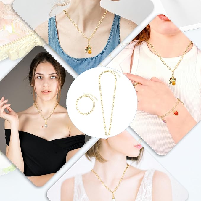 Oqqlin 20 Pcs Paperclip Chain Necklace Bracelet Kit, Gold Charm Necklace Bracelets Making Kit with Lobster Clasps Alloy Paperclip Chain Bulk for DIY Jewelry Making (18 Inch, 6.5 Inch)