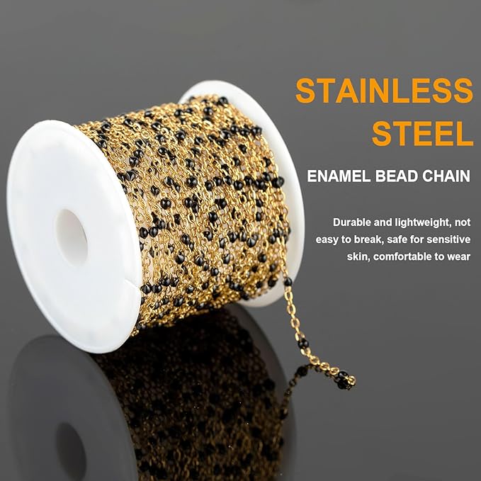 KYUNHOO 16.4 Feet Gold Plated Chain for Jewelry Making Solid Stainless Steel Cable Chain Black Beaded Jewelry Chain Roll with Lobster Clasps Jump Rings