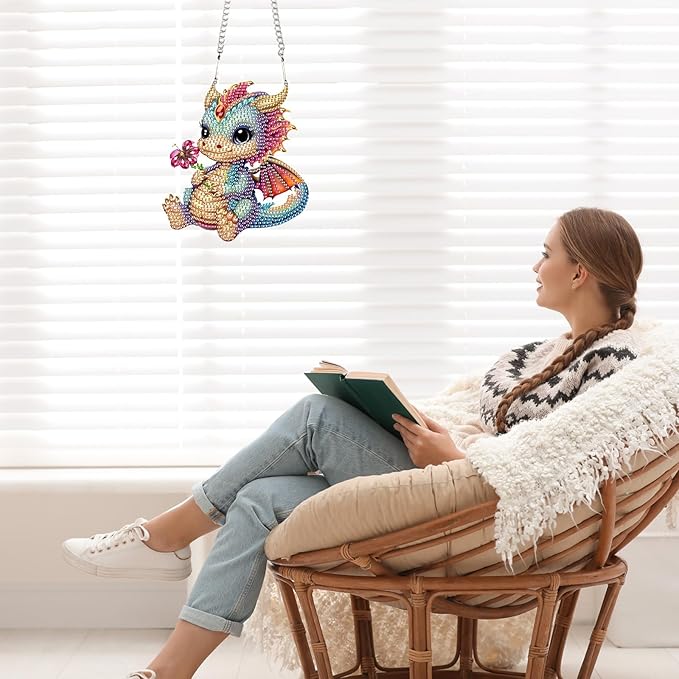 Cute Dragon Diamond Art Kits for Adults Hanging Sign, Special Shaped Diamond Painting Pendant Suncatcher, DIY 5D Crystal Rhinestone Dragon Diamond Art Ornament for Wall Door Window Home Decoration