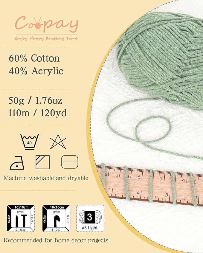 Coopay Yarn for Crocheting Knitting, Crochet Yarns, 2 × 1.76oz - 120yds - 60% Cotton 40% Acrylic Blend Yarns, Granny Square Blanket Yarn (Milky White)