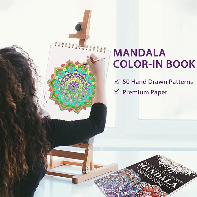 Mandala Coloring Book for Adults - 9" x 12" Coloring Book Spiral Bound, 50 Hand Drawn Mandalas Patterns for Relaxation & Stress Relief, Mindfulness Gifts
