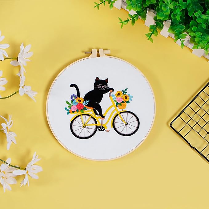 Louise Maelys Cute Cat Embroidery Kits for Beginners with Flower Bike Pattern,Adults Starter Cross Stitch Kit DIY Needlepoint