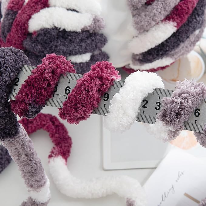 HOMBYS Chunky Tie Dye Mix Chenille Yarn for Hand Knitting, Super Bulky Jumbo Yarn for Crocheting, 3/4" Thick Soft Plush Yarn for Blankets, 8 Skein Pack (26 yds / 7.5 oz Each) Wine Red Grey White