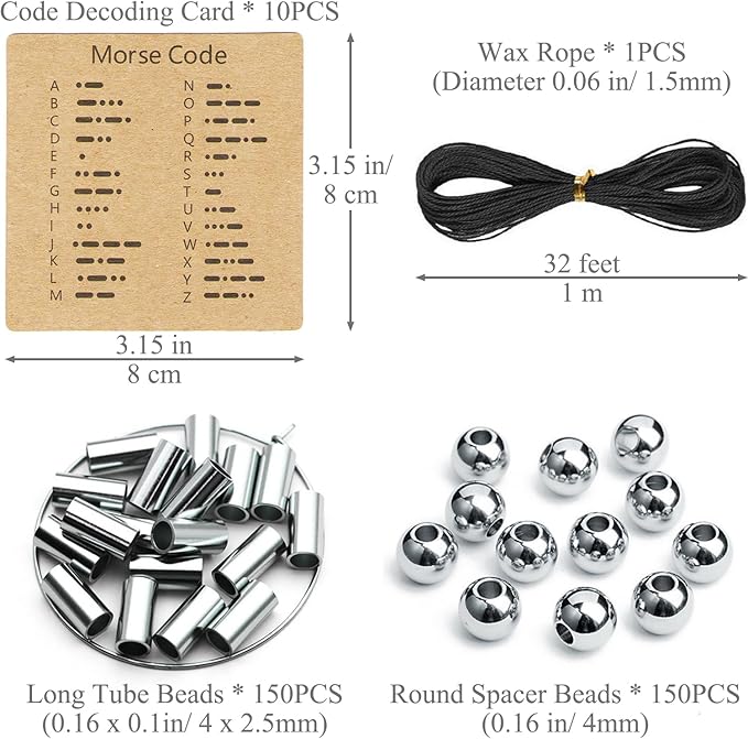 Ourtroness Morse Code Bracelet Making Kit, Includes Stainless Steel Round Spacer Beads, Long Tube Beads, Morse Code Decoding Card and Waxed Cord for DIY Jewelry Making(4mm)