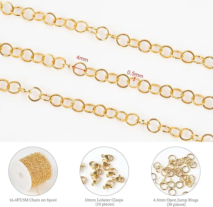 KYUNHOO 16.4 Feet Gold Plated Stainless Steel Jewelry Making Chains 4mm Circle Link Chain Bulk for Women Bracelet Necklace DIY Crafts Jewelry Supplies with Jump Rings and Lobster Clasps