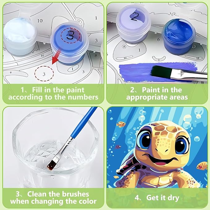 Reivworl Paint by Numbers Kit for Kids with Frame and Easel, Sea Turtles Paint by Number for Kids Age 6-8-12, Acrylic Paint by Numbers for Gifts and Home Decor (8X8inch)