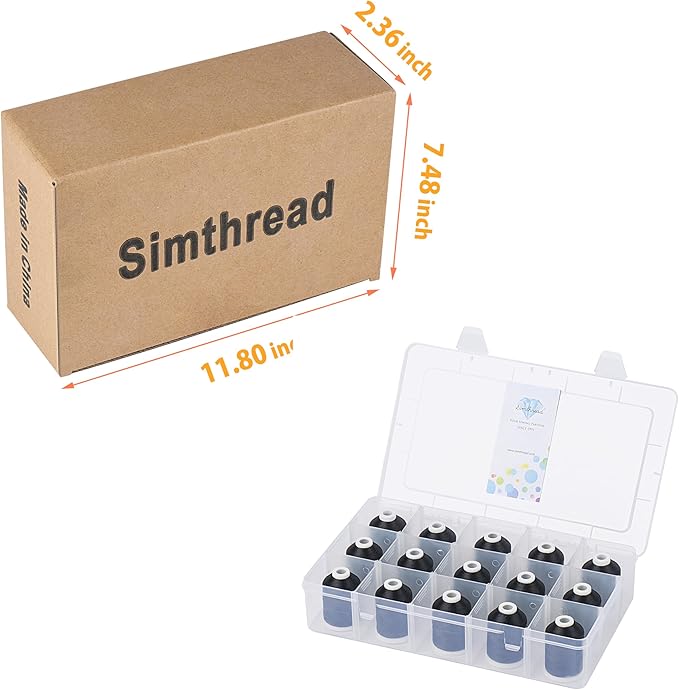 [Box-Upgraded] Simthread Machine Embroidery Thread 1000M Black 900, with Storage Box Polyester 15 Spools Set for Embroidery Quilting Machine