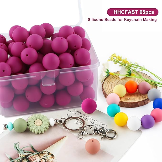 65Pcs 19mm Silicone Beads for Keychain Making Bracelet Necklace, Bulk Round Silicone Beads for Pens（Violet Red）