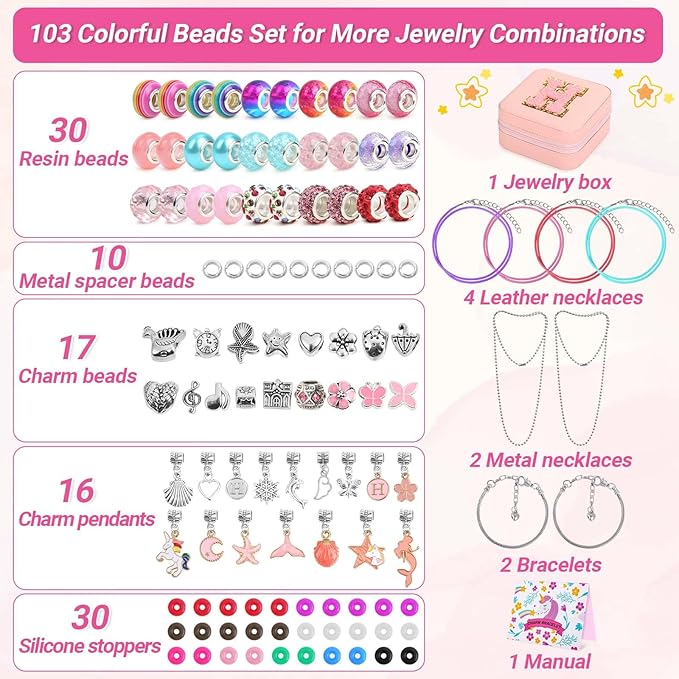 LifeisLuck Charm Bracelet Making Kit - 110 Pcs Beads Jewelry Making Kit, Unicorn & Mermaid Crafts Birthday Gifts with H Initial Personalized Bracelet Case