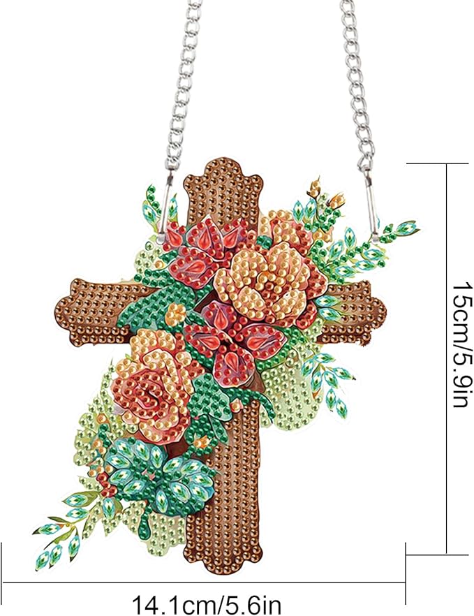 5D DIY Acrylic Cross Diamond Painting Pendant Kit, Floral Special Shaped Rhinestones Hanging Ornament, Diamond Art Hanging for Adults, Decorative Window, Wall or Door, Handmade Home and Holiday Gift