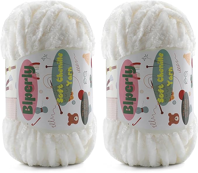 2 * 100g Fluffy Chenille Yarn for Crocheting - Chunky Velvet Yarn for Scarves Shawls, Baby Blankets, Hats Plush Toys, Plush Yarns Each Skein 49.2yd, (2, Cream White)