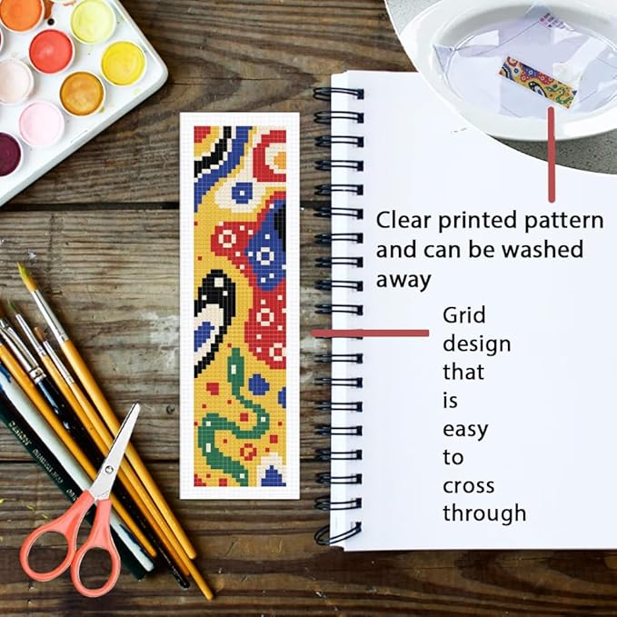 ORIGACH 6 Pcs Cross Stitch Bookmark Kit for Beginner Adults, Modern Abstract Stamped Embroidery Bookmark Kit with Instruction for Starters Printed Cross Stitch DIY Kits for Book Lovers