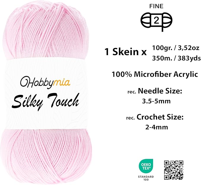 Silky Touch Acrylic Yarn - Soft Sport Weight Yarn for Crochet & Knitting - 100g / 383yds - 100% Microfiber Acrylic - Lightweight Fine Smooth Yarn(Pink - Pastel Pink, 1 Skein)
