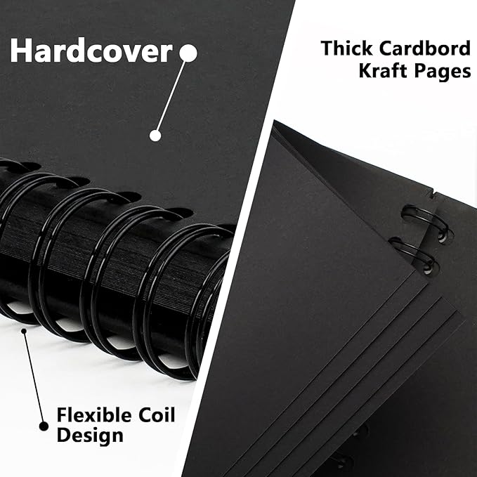 10×10 inch Scrapbook Photo Album DIY Picture Book 40 Pages, Thick Kraft Paper Scrap Book Album with Silk Ribbon Wedding Guest Book Memory Book for Baby, Family, Travel (Black)